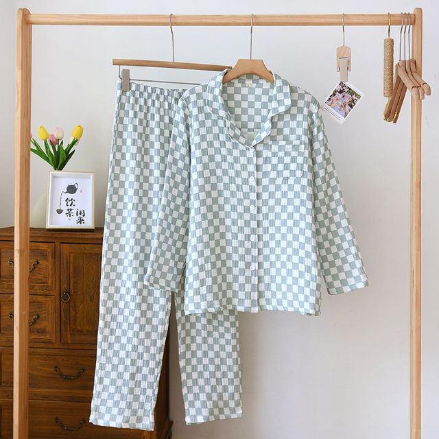 Couple Matching Pajama Set: Long-Sleeve Checkerboard Top + Pants (Various Designs)