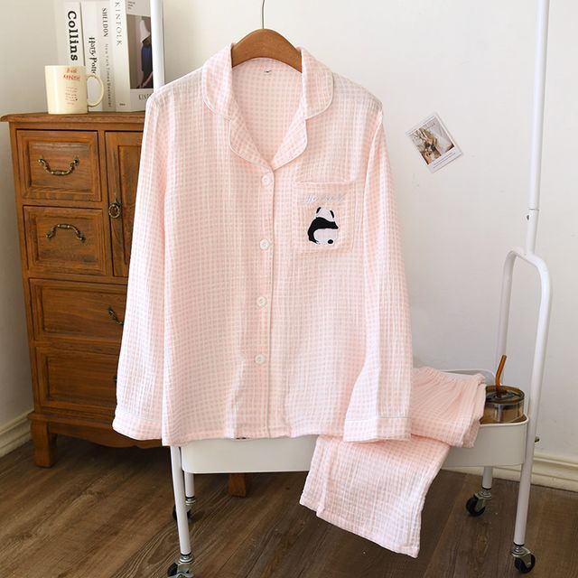 Couple Matching Pajama Set: Long-Sleeve Plaid Top + Pants (Various Designs)