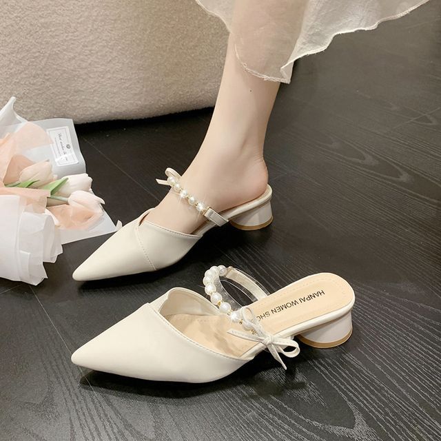 Low Heel Faux Pearl Strap Mules - Dainty