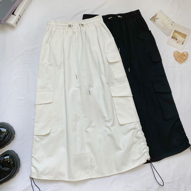 Elevated Waist Solid Cargo A-Line Midi Skirt