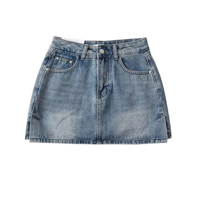 Elevated Rise Slit Denim A-Line Mini Skirt