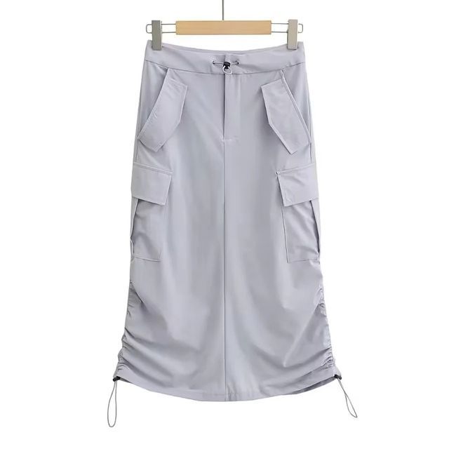 Drawstring Waist Solid Slit Straight Cargo Maxi Skirt