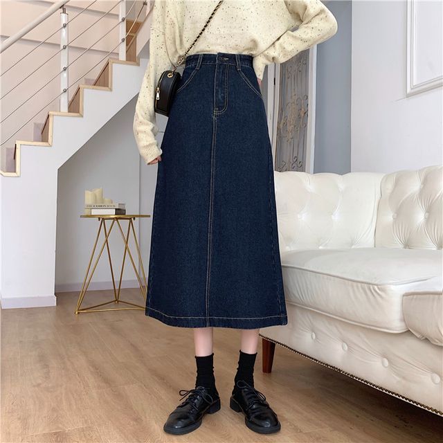 Elevated Waist A-Line Back-Slit Denim Midi Skirt