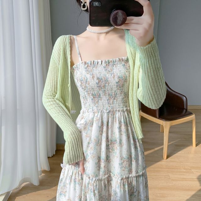 Solid Cardigan / Thin Strap Floral Print Midi A-Line Dress
