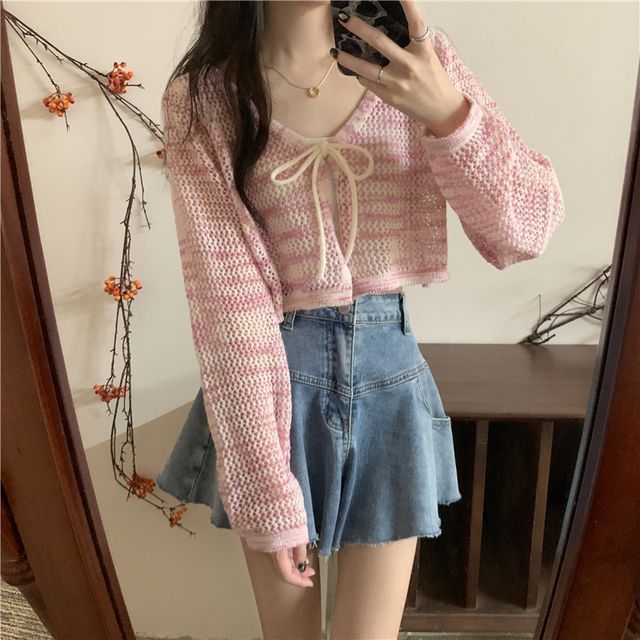 Melange Tie Front V-Neck Cardigan