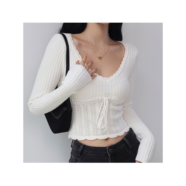 Lace-Up Knit Long Sleeve Top