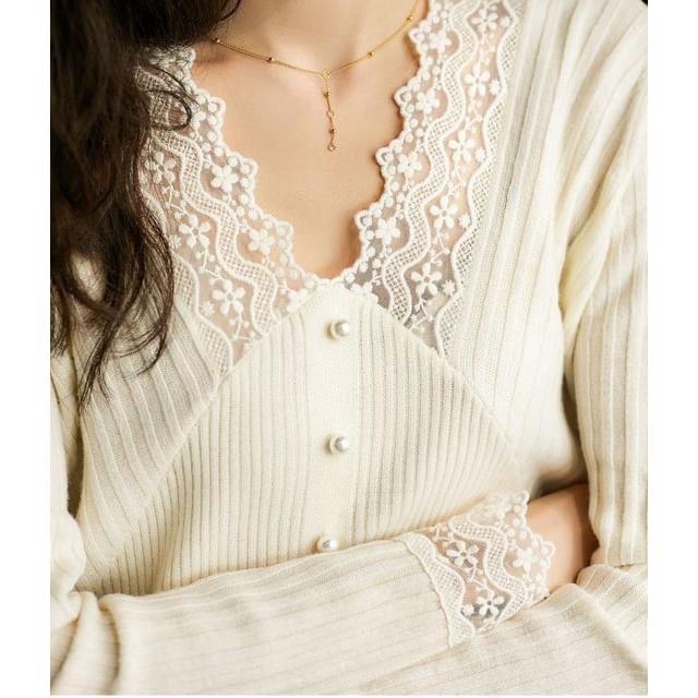 Beaded Long-Sleeve Knit Top with Lace Accents