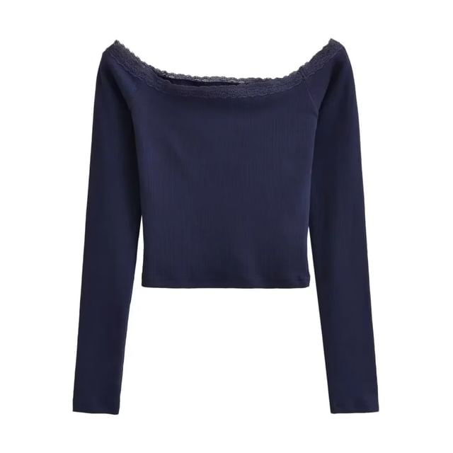 Off-Shoulder Slim-Fit Crop Top with Lace Trim