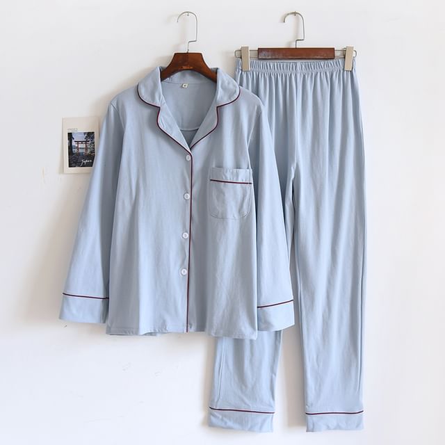 Couple Matching Pajama Set: Long-Sleeve Collar Contrast Trim Button Top + Pants