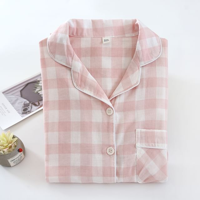 Couple Matching Pajama Set: Long-Sleeve Collared Plaid Shirt + Elastic Waist Straight Leg Pants