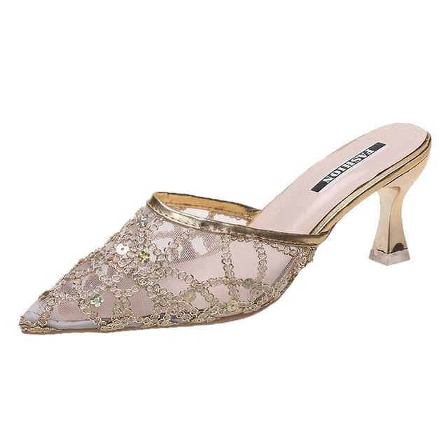 Pointy Sequined High Heel Mules