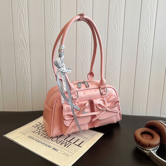 Plain Bow Accent Faux Leather Bowler Bag / Ribbon / Set