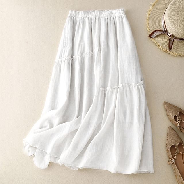 Ruffled Flared Midi Skirt with High Waist