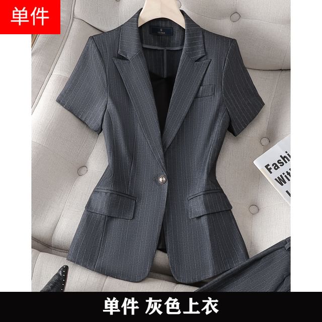Striped Single-Button Blazer with Pencil Skirt and Trousers