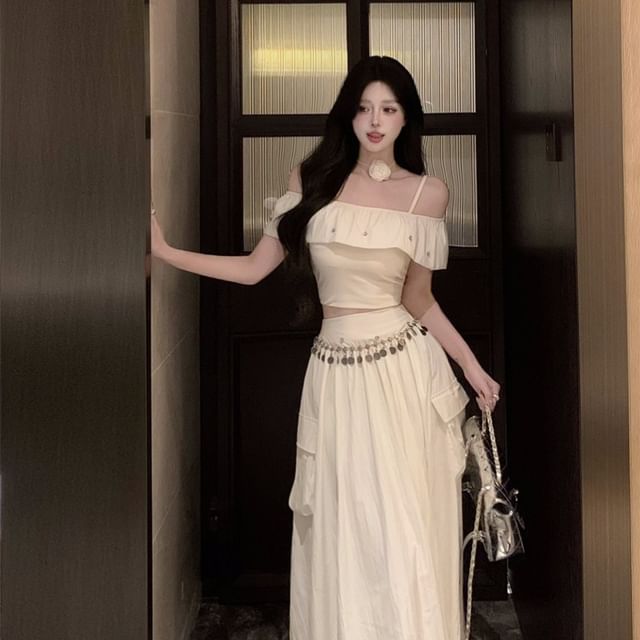 Cold Shoulder Crop Top with Rhinestones and Fringed Cargo Skirt
