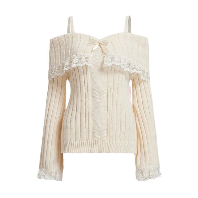 Cold-Shoulder Lace Ribbed Loose Knit Sweater