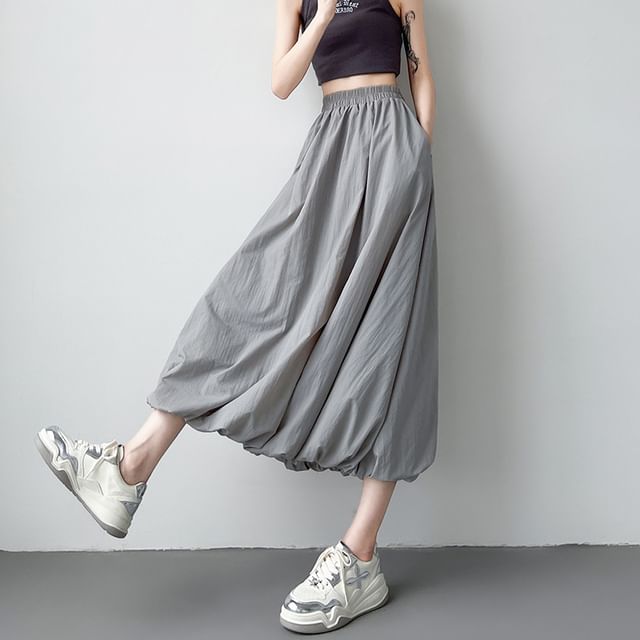Elegant Solid Midi Flared Skirt with High Waist
