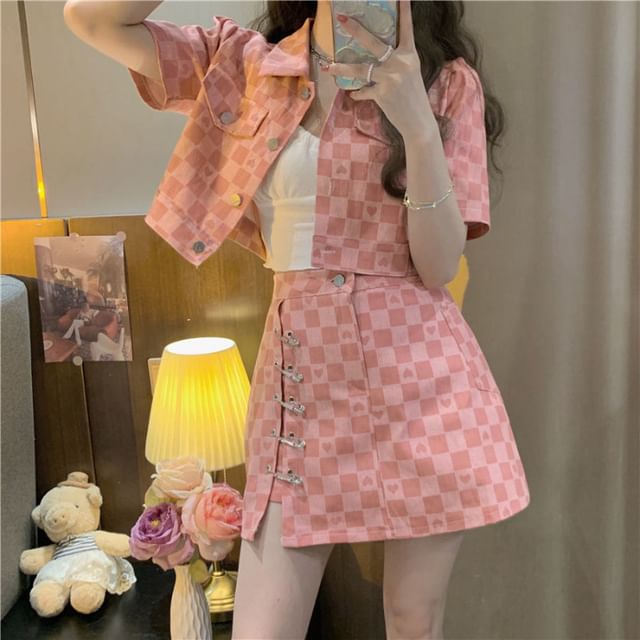 Checkerboard Shirt and Safety Pin Mini Skirt Set