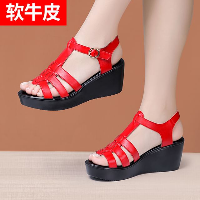 Platform Wedge Plain Genuine Leather Gladiator Sandals