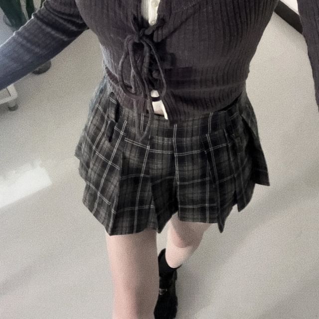 Henley Lace Trim Cami & Tie Front Cardigan & Plaid Skirt Set
