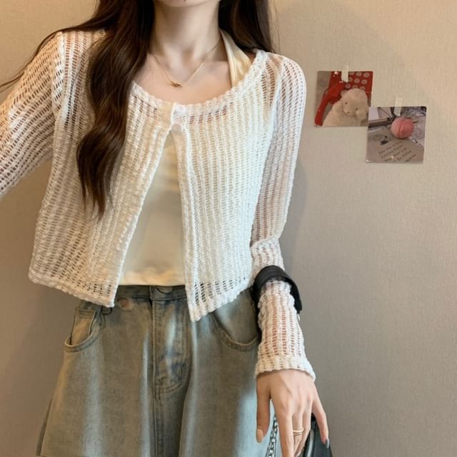 Perforated Cropped Knit Cardigan
