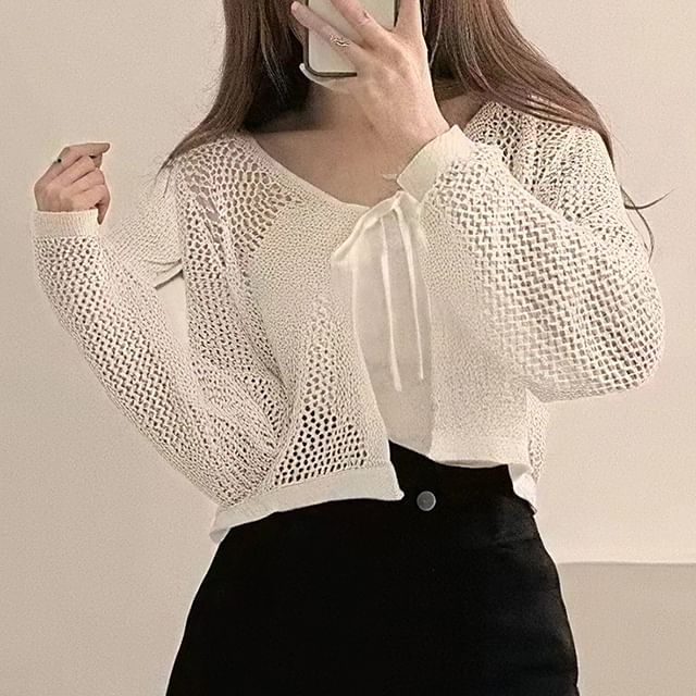 Long Sleeve Tie Front Eyelet Knit Cardigan
