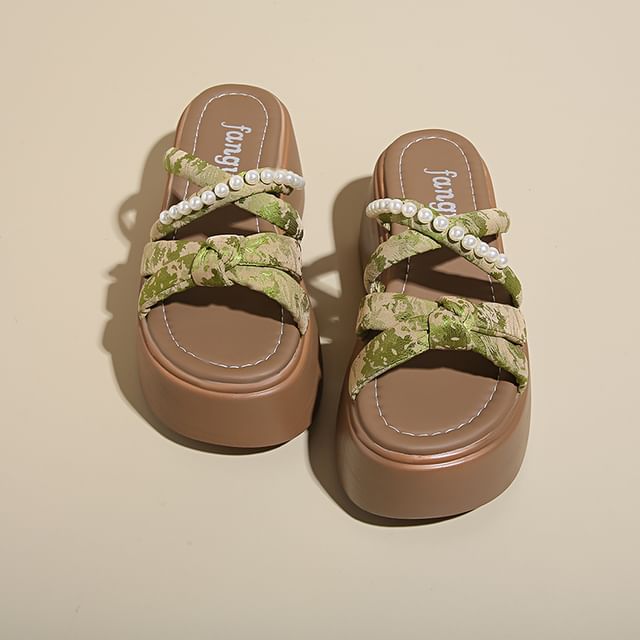 Faux Pearl Platform Slide Sandals