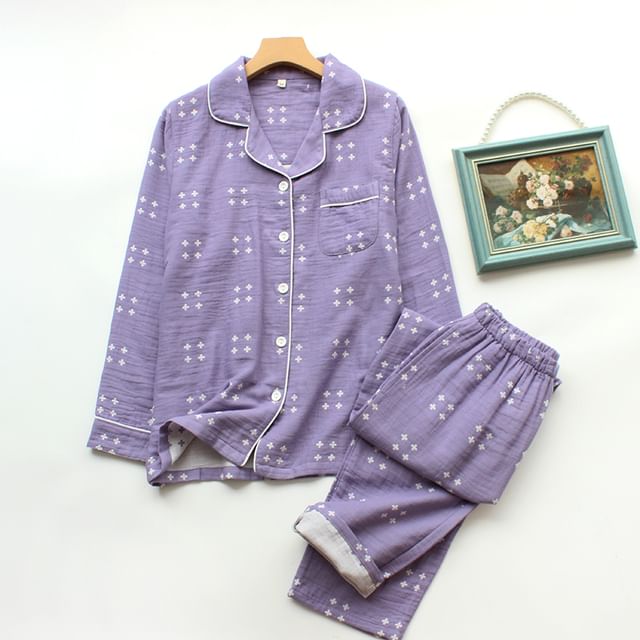 Couple Matching Pajama Set: Long-Sleeve Cross Print Top + Pants (Various Designs)