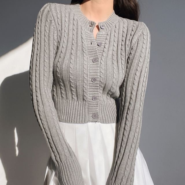 Cable-Knit Crew-Neck Cropped Cardigan in 5 Colors
