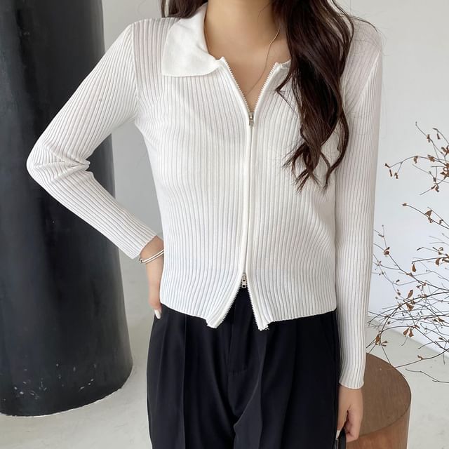 Zip Ribbed Collared Cropped Cardigan