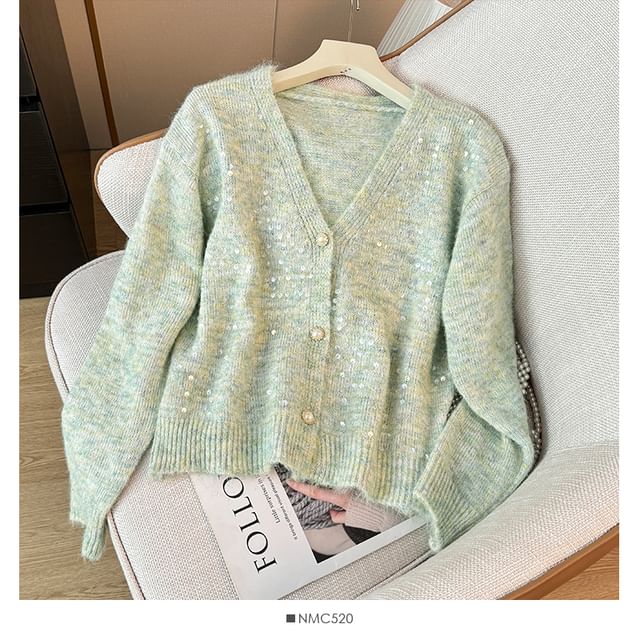 Sequined V-Neck Open Front Sweater