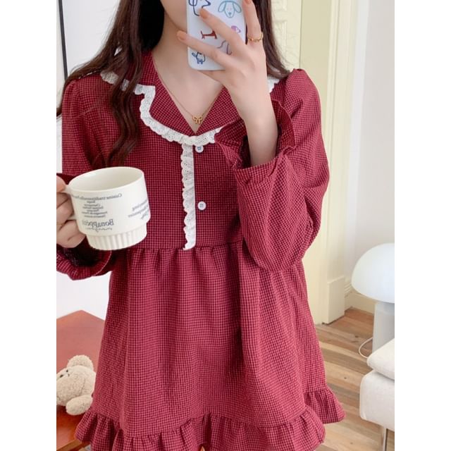 Couple Matching Pajama Set: Long-Sleeve Collared Plaid Button Top + Straight Leg Pants (Various Designs)