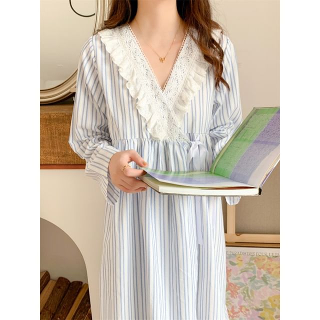Couple Matching Long-Sleeve Collared Striped Pajama Shirt / Straight Leg Pants / V-Neck Ruffle Pajama Dress / Set