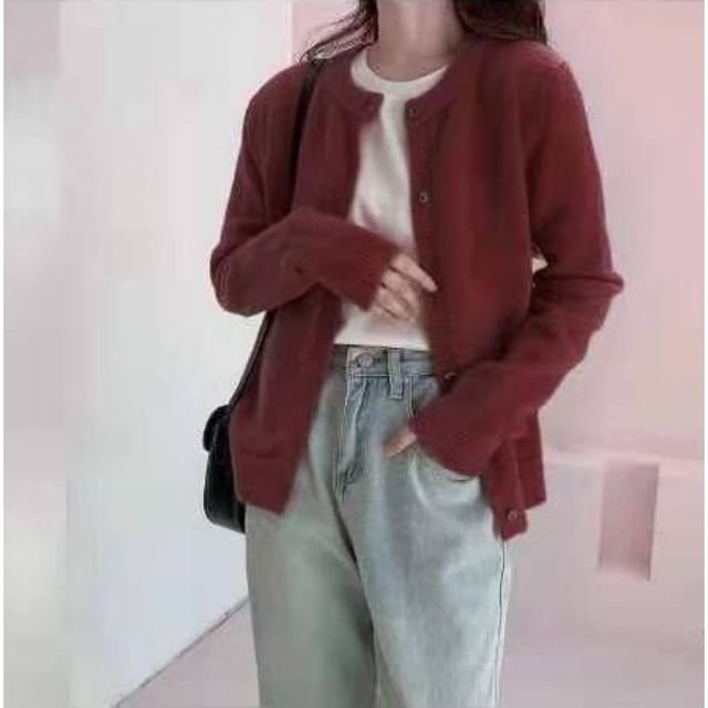 Crew Neck Solid Button-Up Knit Jacket