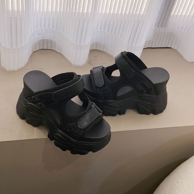 Adhesive Strap Platform Chunky Heel Slide Sandals