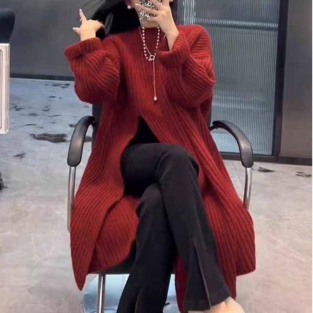 Round Neck Long Sleeve Slit Sweater Maxi Dress