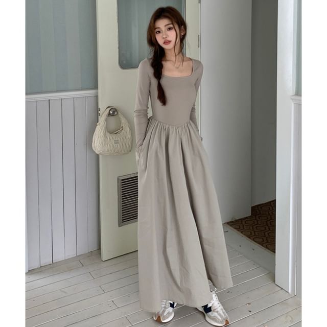 Square Neck Long-Sleeve Gathered Panel A-Line Maxi Dress