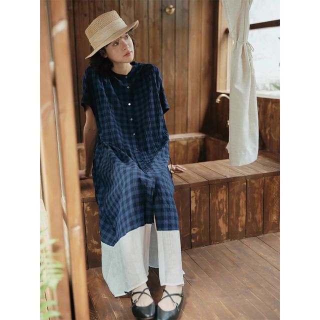 Short-Sleeve Band Collar Plaid Panel Button A-Line Maxi Dress