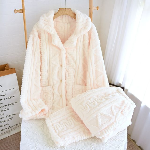 Couple Matching Pajama Set: Long-Sleeve Lapel Collar Jacquard Button-Up Fleece Top + Pants (Various Designs)