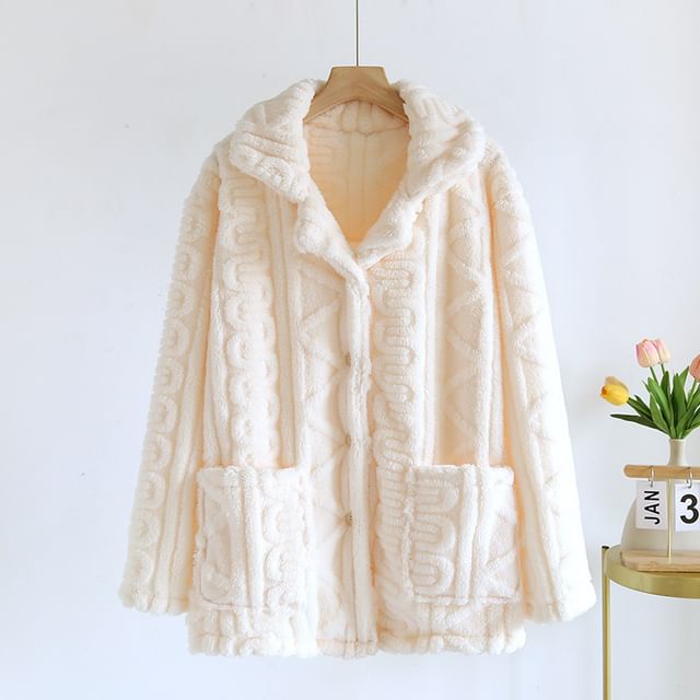 Couple Matching Long-Sleeve Lapel Collar Jacquard Button-Up Fleece Pajama Top (Various Designs)