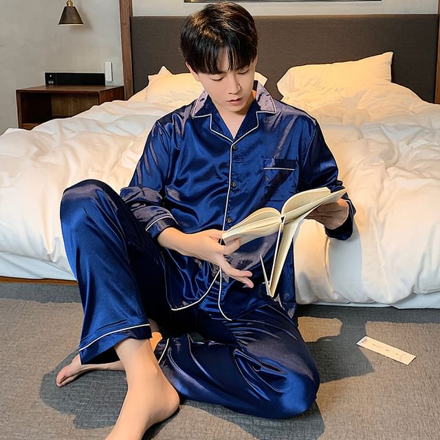 Couple Matching Pajama Set: Long-Sleeve Satin Top + Pants