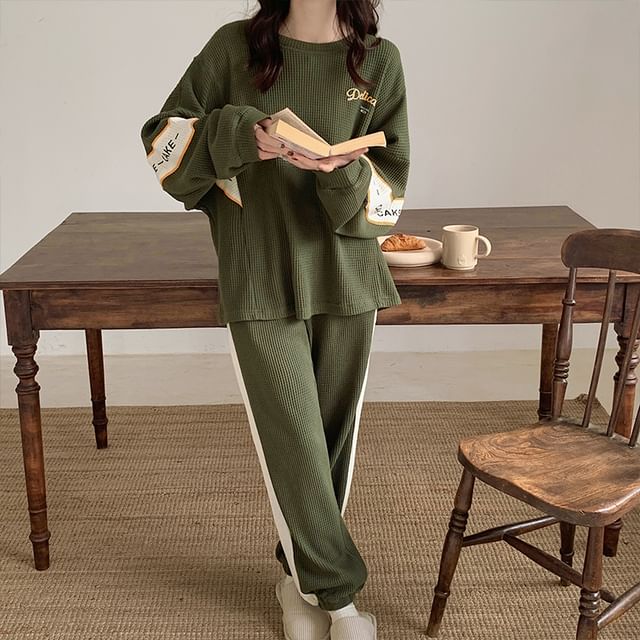 Couple Matching Pajama Set: Long-Sleeve Lettering Top + Pants