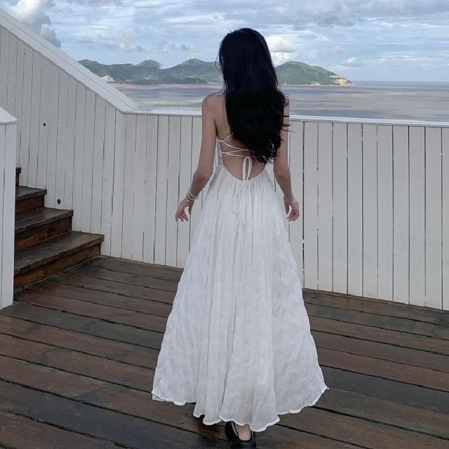 Spaghetti Strap Plain Open Back A-Line Maxi Dress