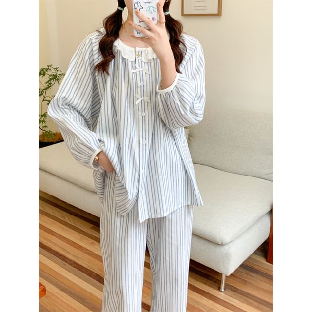 Couple Matching Long Sleeve Round Neck Striped Bow Pajama Blouse / Collared Shirt / Straight Leg Pants / Set (Various Designs)