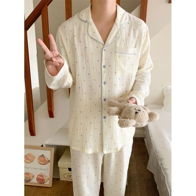 Couple Matching Long-Sleeve Dotted Button Pajama Top / Pants / Square Neck Midi Sleep Dress / Set