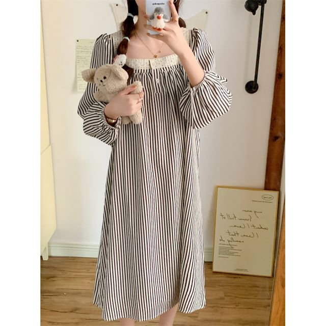 Couple Matching Long-Sleeve Striped Pajama Top / Pants / Midi Sleep Dress / Set (Various Designs)