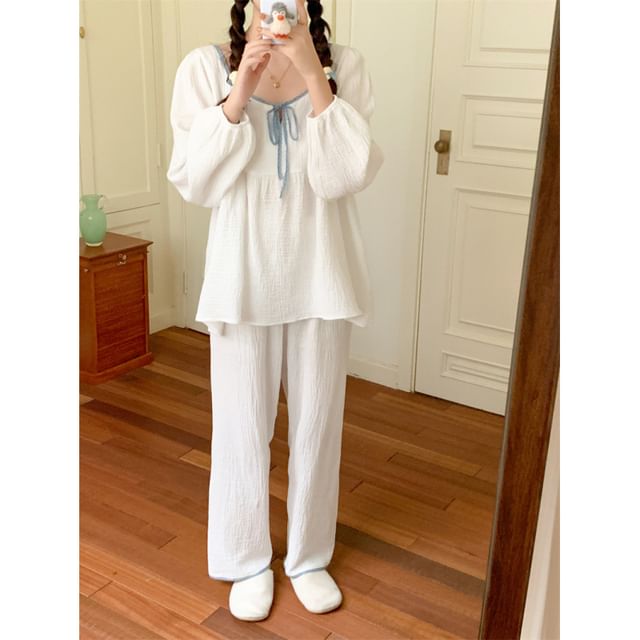 Couple Matching Long-Sleeve Contrast Trim Pajama Top / Pants / Midi Sleep Dress / Set (Various Designs)