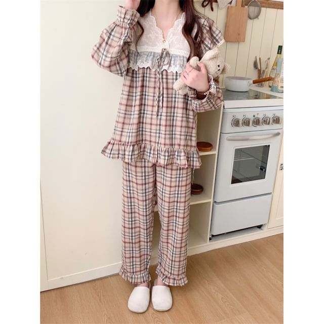 Couple Matching Long-Sleeve Plaid Pajama Top / Pants / Dress / Set