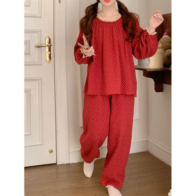 Couple Matching Long-Sleeve Dotted Pajama Top / Dress / Set