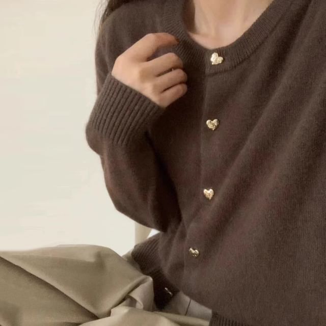 Round Neck Solid Heart Button Cardigan